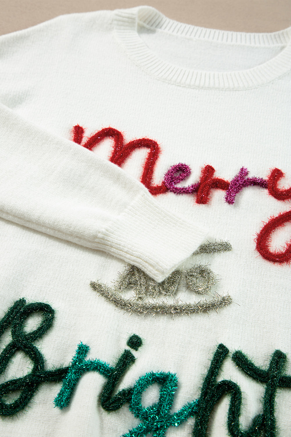 White Tinsel Merry and Bright Graphic Christmas Sweater