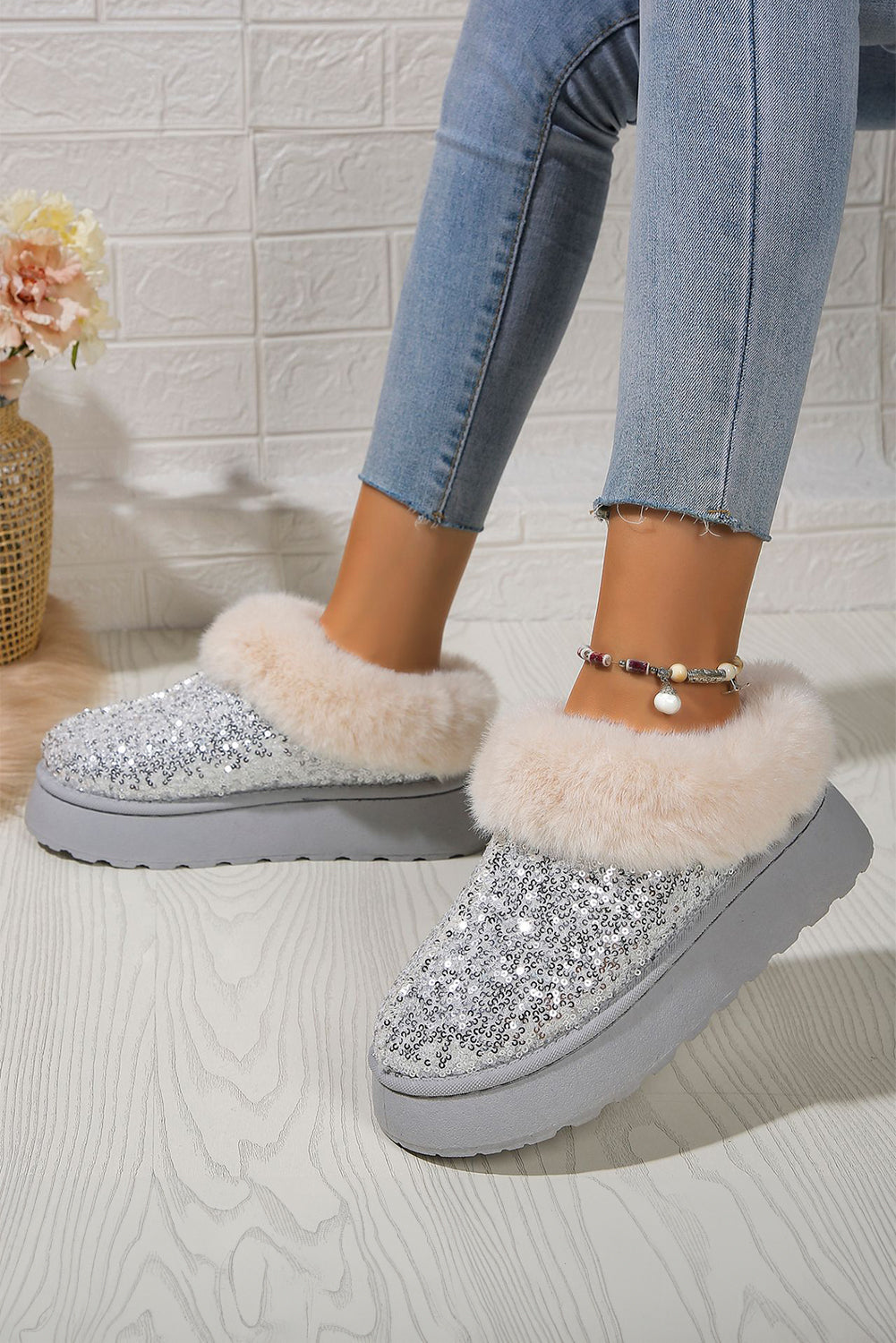 Silvery Sequin Plush Lined Thick Sole Snow Boots