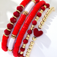 Fiery Red Heart Beaded Multi Layered Elastic Bracelet Set