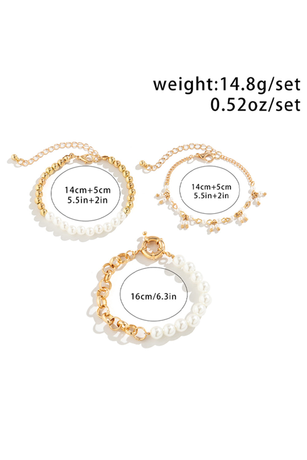 Gold 3pcs Pearl Plated Alloy Beaded Bracelet Set