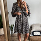 Black Leopard Print Elasticated V Neck 3/4 Puff Sleeve Dress