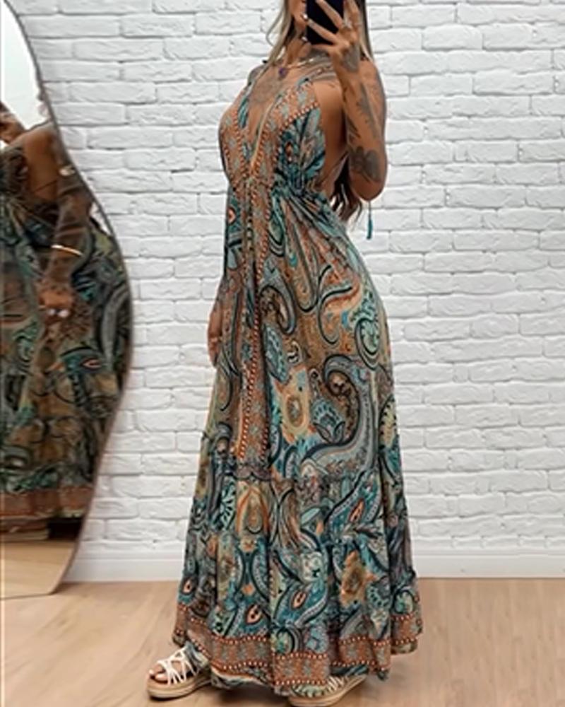 Tribal Print V Neck Spaghetti Strap Maxi Dress Casual Backless Flowy A Line Dress