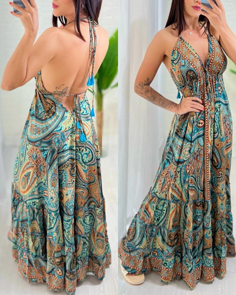 Tribal Print V Neck Spaghetti Strap Maxi Dress Casual Backless Flowy A Line Dress