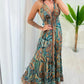 Tribal Print V Neck Spaghetti Strap Maxi Dress Casual Backless Flowy A Line Dress