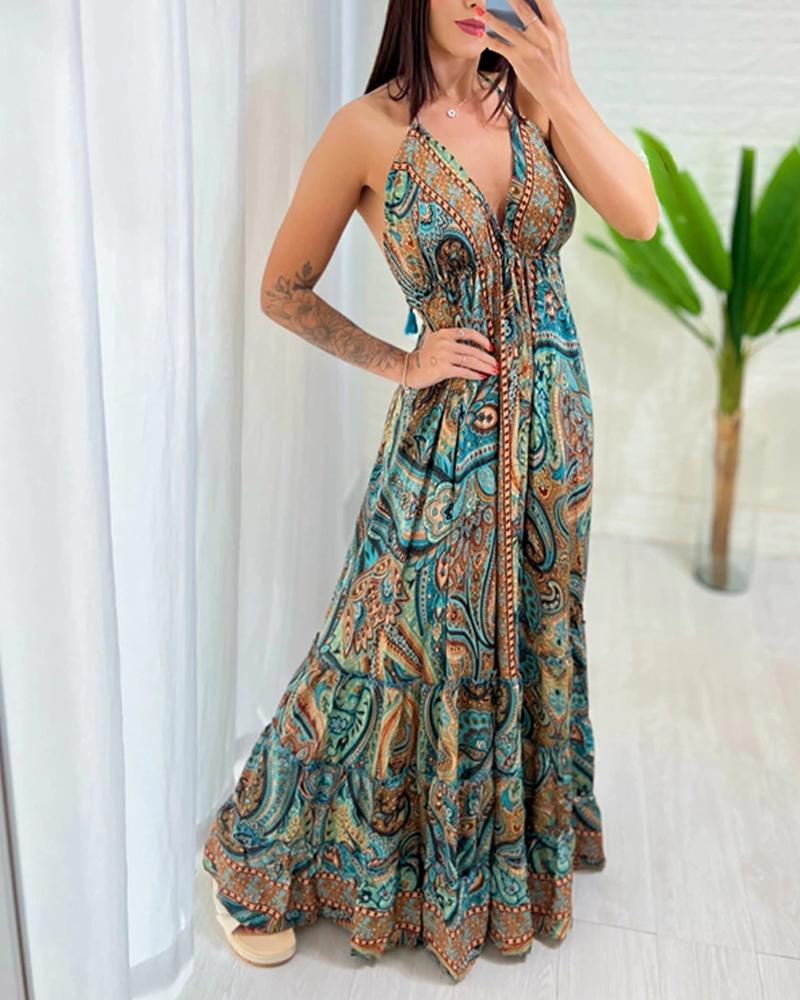 Tribal Print V Neck Spaghetti Strap Maxi Dress Casual Backless Flowy A Line Dress