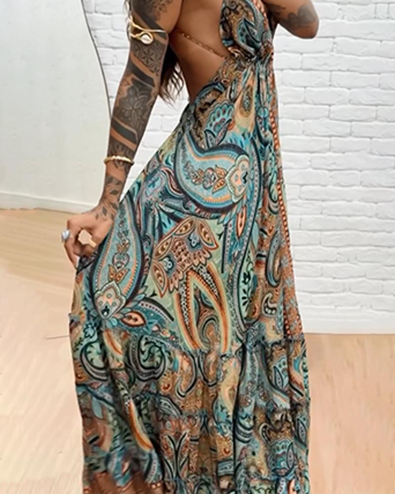 Tribal Print V Neck Spaghetti Strap Maxi Dress Casual Backless Flowy A Line Dress