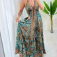 Tribal Print V Neck Spaghetti Strap Maxi Dress Casual Backless Flowy A Line Dress