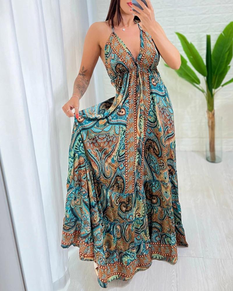 Tribal Print V Neck Spaghetti Strap Maxi Dress Casual Backless Flowy A Line Dress