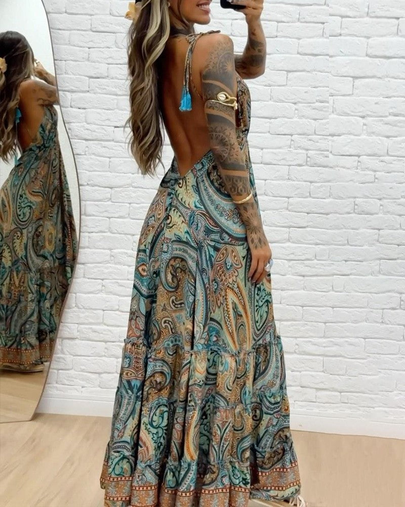 Tribal Print V Neck Spaghetti Strap Maxi Dress Casual Backless Flowy A Line Dress