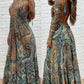 Tribal Print V Neck Spaghetti Strap Maxi Dress Casual Backless Flowy A Line Dress