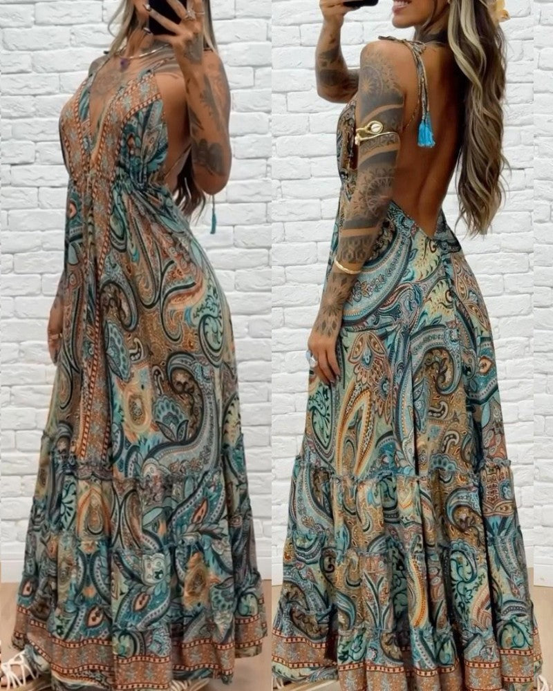 Tribal Print V Neck Spaghetti Strap Maxi Dress Casual Backless Flowy A Line Dress