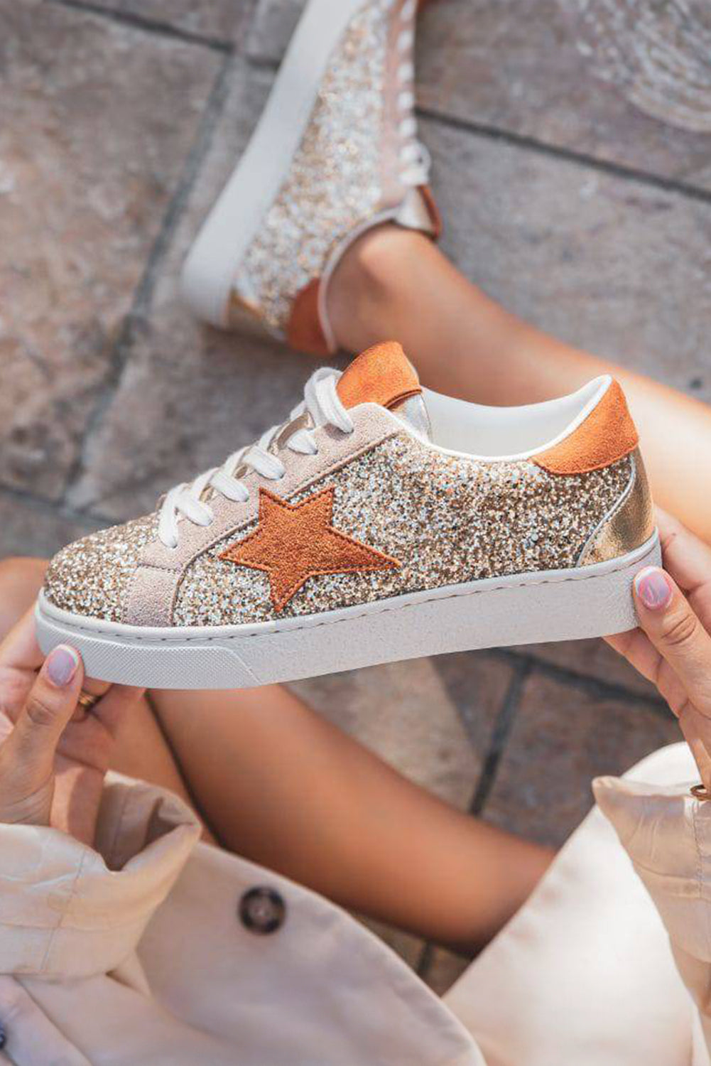 Gold Star Patchwork Sequined Lace-up Sneakers