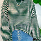 Green Stripe Loose Drop Shoulder Long Sleeve Top