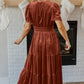 Chestnut Velvet Short Sleeve Shirred Waist Tiered Maxi Dress