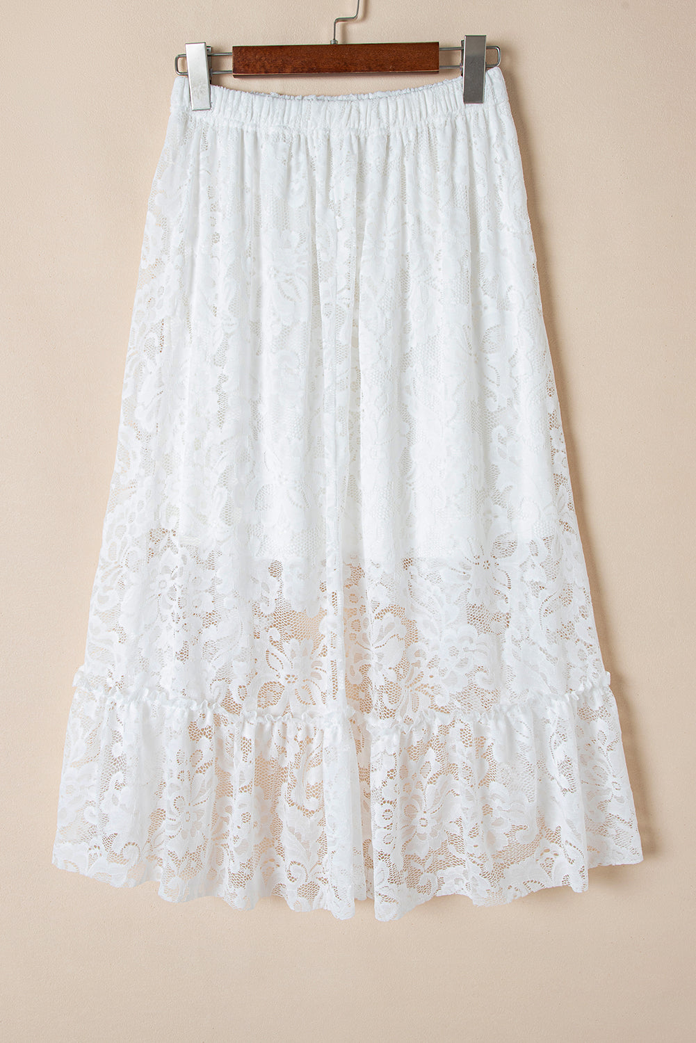 White Lace Ruffled High-low Hem Midi Skirt