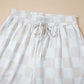 Beige Checkered V Neck Tee Drawstring Shorts Lounge Set