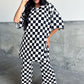 Black Checkered Print Half Sleeve Tunic Top and Flared Pants Set