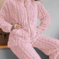 2PCS Jacquard Textured Stand Collar Zip Up Fuzzy Teddy Top & Pants Set