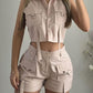 Turn down Collar Buttoned Pocket Design Top & Shorts Set