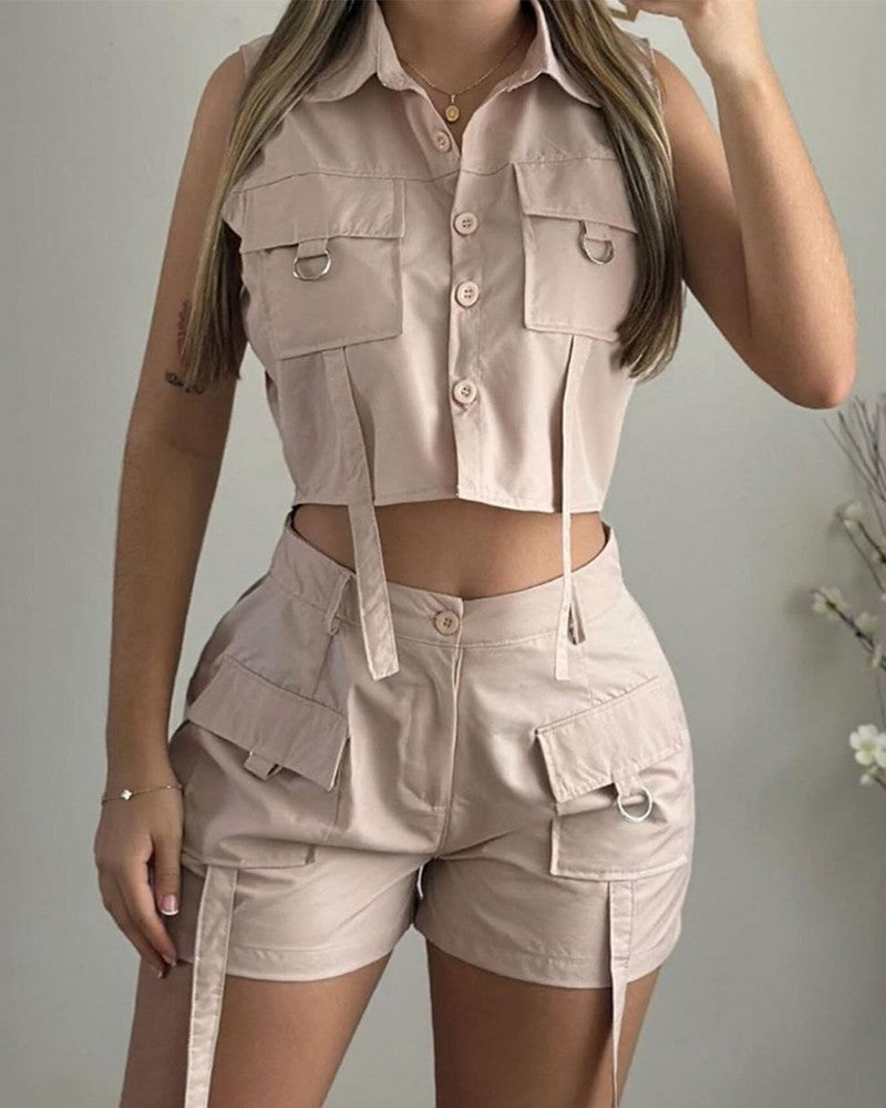 Turn down Collar Buttoned Pocket Design Top & Shorts Set