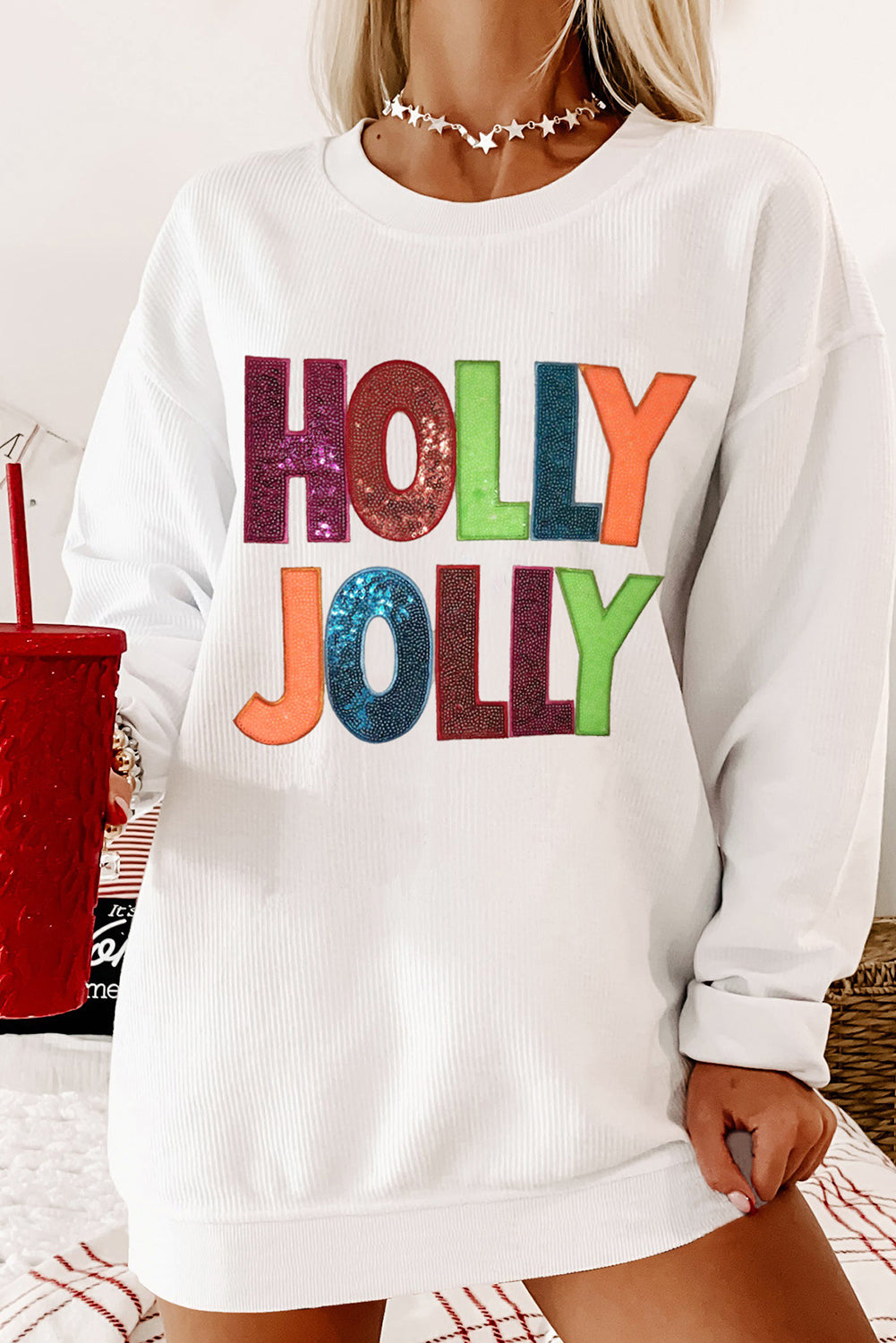 White Oversized Christmas Sequined HOLLY JOLLY Corded Crewneck Sweatshirt