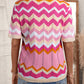 Pink Stripe Chevron Pointelle Knit V Neck Short Sleeve Sweater