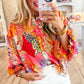 Red Abstract Floral Print Buttoned Ruffled Bubble Sleeve Shirt