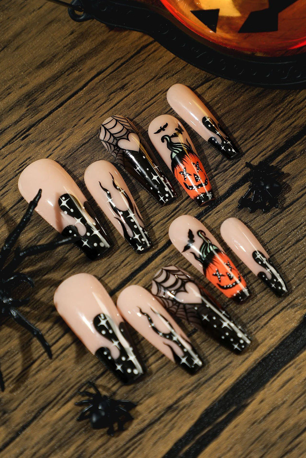 Black Halloween Pattern Long Coffin Shape False Nail Set