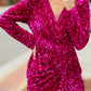 Pitaya Pink Velvet Sequin Long Sleeve V Neck Wrapped Mini Dress