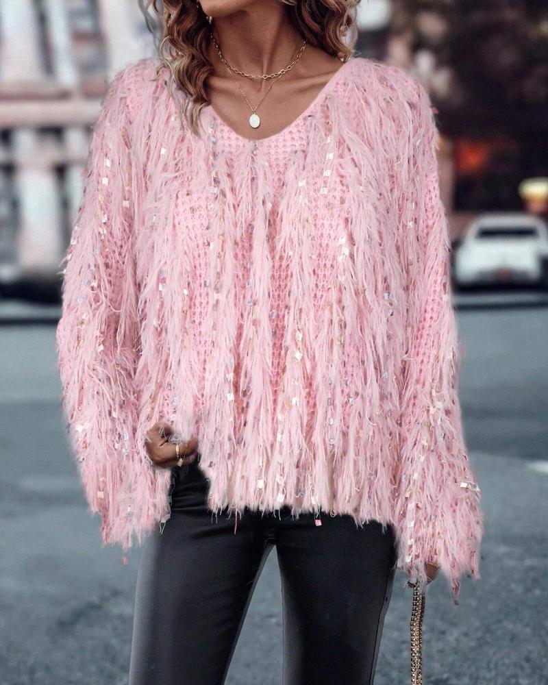 V Neck Long Sleeve Sequin Decor Sweater Tassel Casual Pullover Sweater