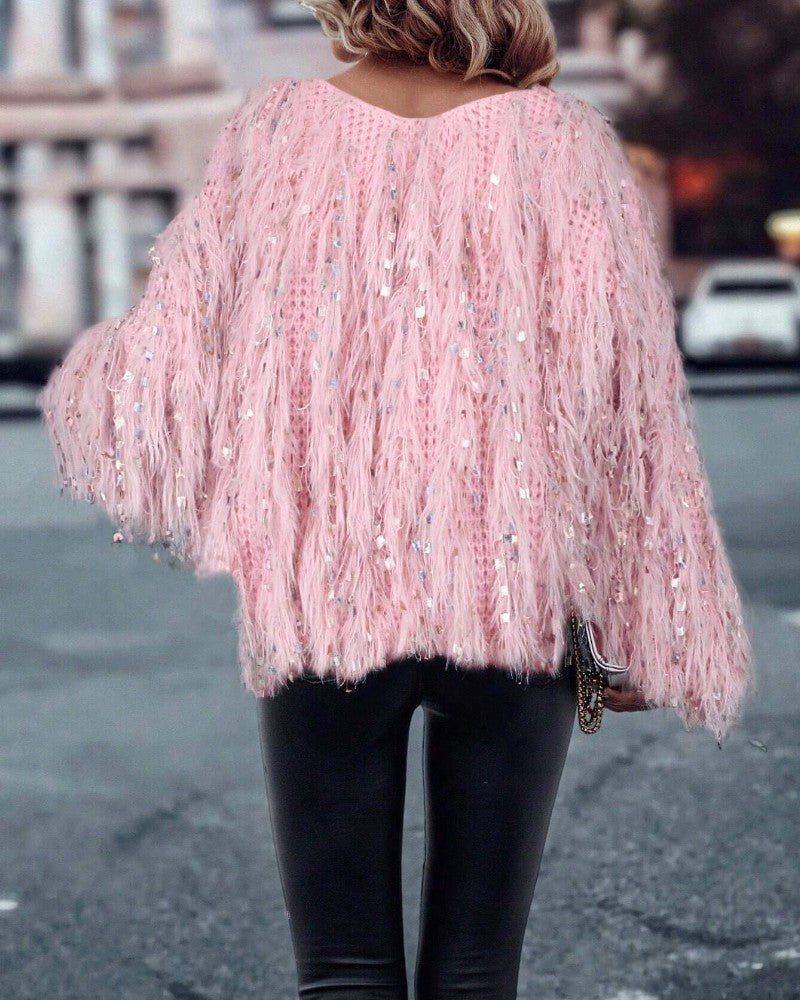 V Neck Long Sleeve Sequin Decor Sweater Tassel Casual Pullover Sweater