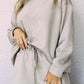 Gray Textured Long Sleeve Top and Drawstring Shorts Set