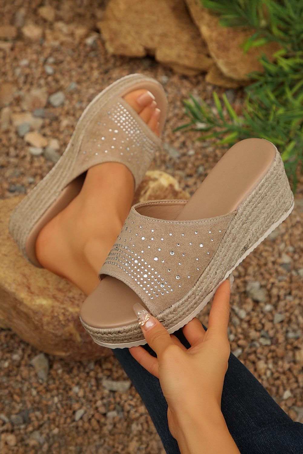 Beige Rhinestone Decor Suede Slip On Wedge Slippers