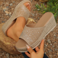 Beige Rhinestone Decor Suede Slip On Wedge Slippers