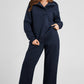 Navy Blue Solid Color Collared Sweatshirt and High Waist Pants Set