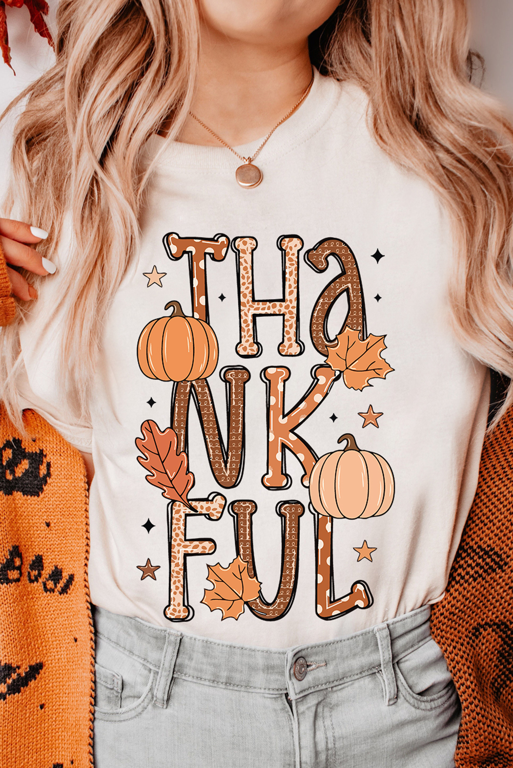 White THANKFUL Pumpkin Leaves Graphic Crewneck Thanksgiving T Shirt