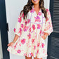 Pink Floral Print Balloon Sleeve V Neck Babydoll Mini Dress