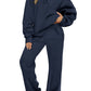 Navy Blue Solid Color Collared Sweatshirt and High Waist Pants Set