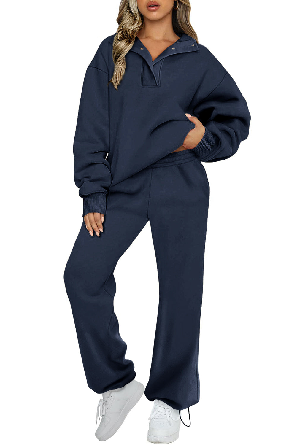 Navy Blue Solid Color Collared Sweatshirt and High Waist Pants Set