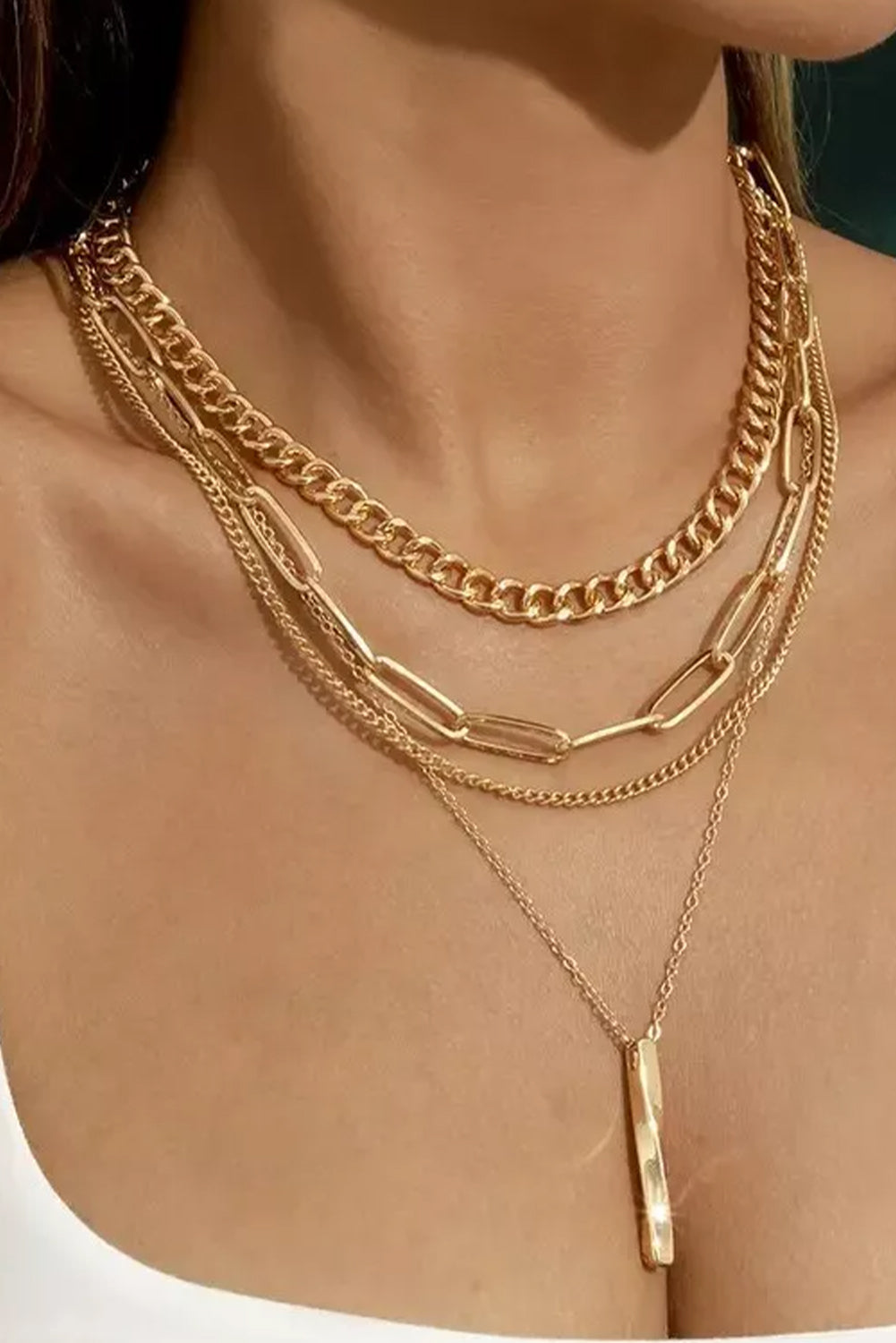 Gold Multi Layered Bar Pendant Plated Chain Necklace