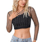 Black Pearl and Rhinestone Detail Sheer Mesh Top