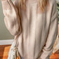 Pale Khaki Solid Color Cable Knit Ribbed Loose Sweater