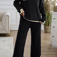 Black Contrast Trim Split Cuffs Long 2pcs Sweater Outfit Loungewear