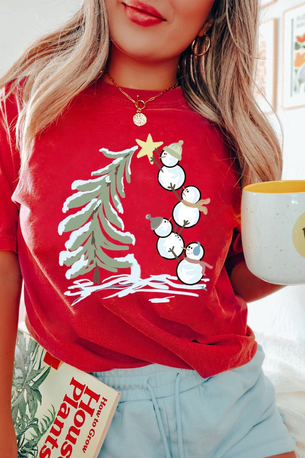 Red Christmas Tree Snowman Printed Crewneck T Shirt