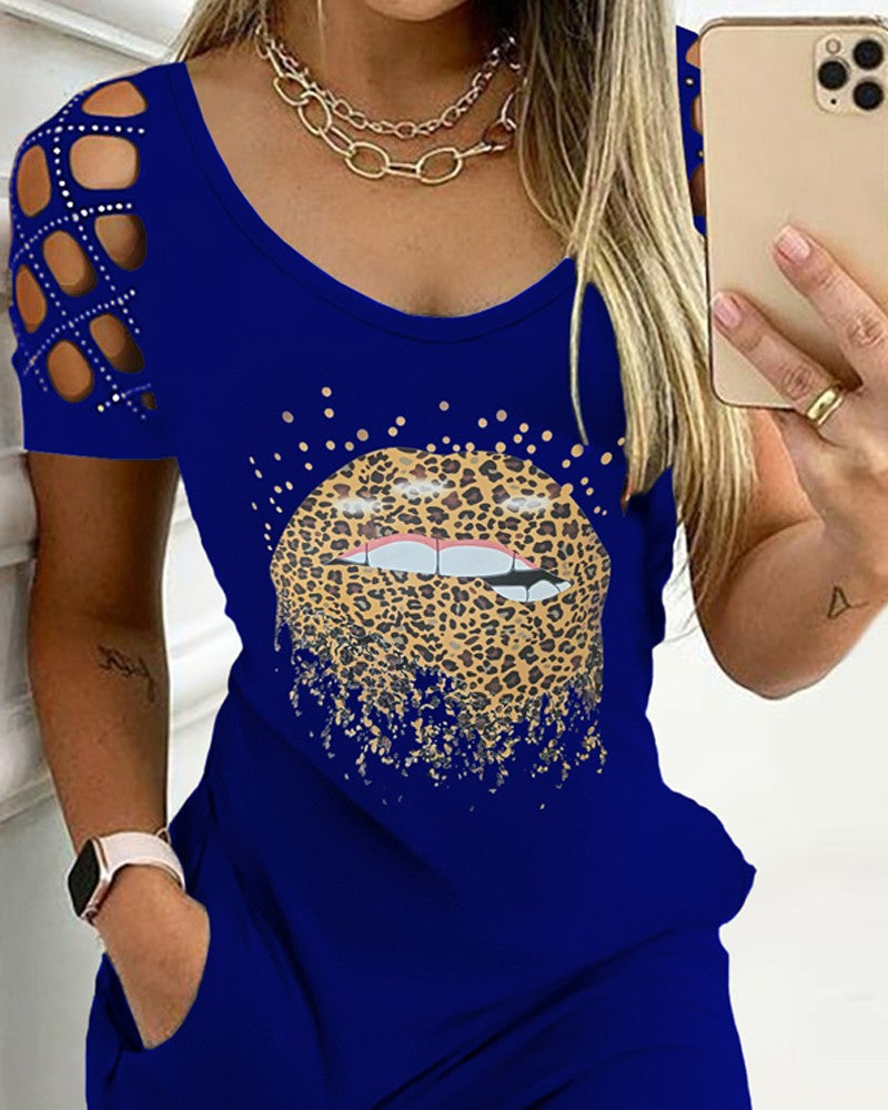 Rhinestone Lip Pattern Pocket Design Bodycon Dress