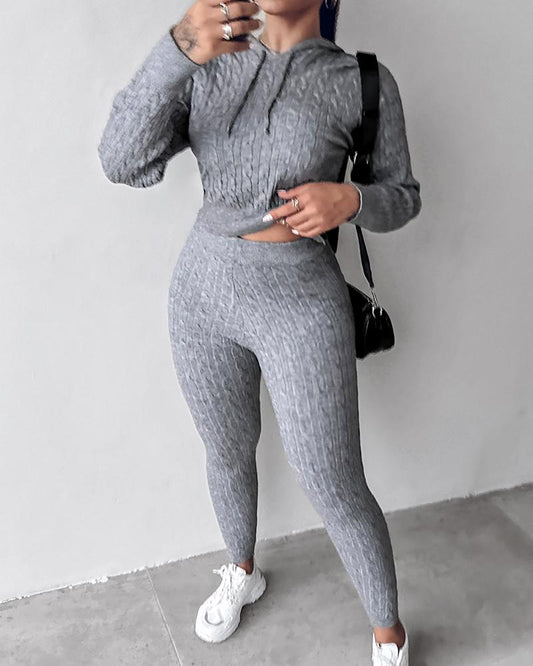 Long Sleeve Cable Knit Hooded Sweater & Pants Set