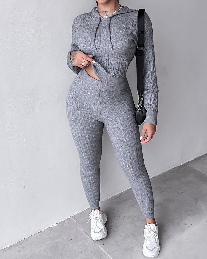 Long Sleeve Cable Knit Hooded Sweater & Pants Set