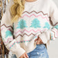 White Striped Christmas Tree Ribbed Trim Drop Shoulder Sweater