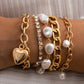 Gold Heart Pendant Pearl Rhinestone Chain Bracelet Set