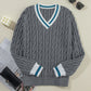 Medium Grey Color Contrast Ribbed Edge Cable Knit V Neck Sweater